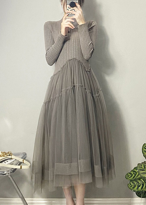 美しい黒のアシンメトリーチュールパッチワークロングドレス（秋向け）