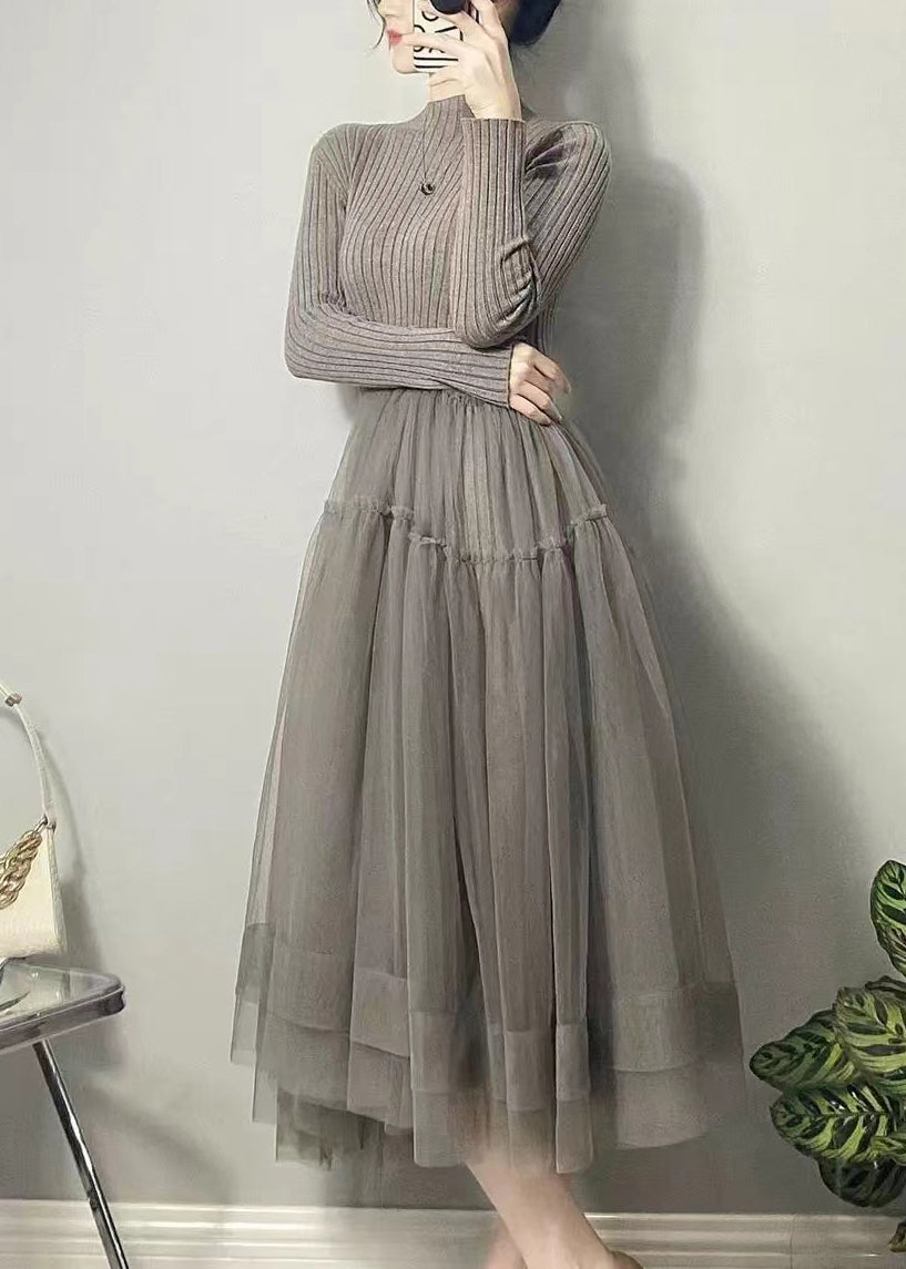 美しい黒のアシンメトリーチュールパッチワークロングドレス（秋向け）