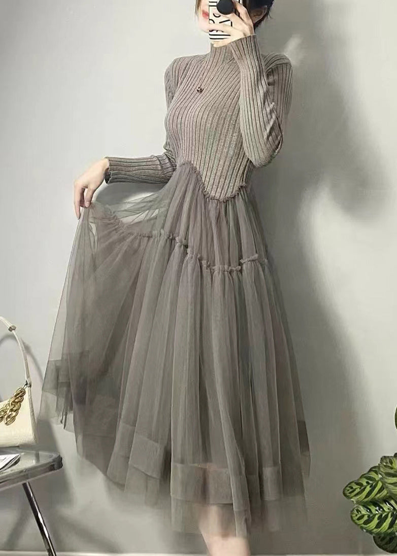 美しい黒のアシンメトリーチュールパッチワークロングドレス（秋向け）