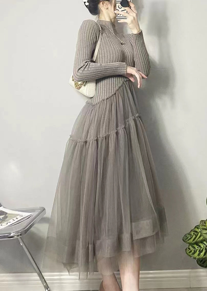 美しい黒のアシンメトリーチュールパッチワークロングドレス（秋向け）