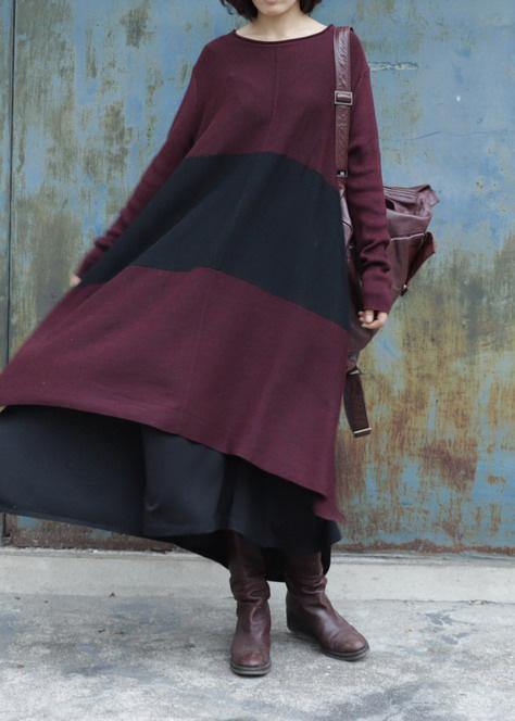 クリスマス風 サイドスリット入りセーターワンピース – 前後丈違いデザイン、赤色、デイリースタイル