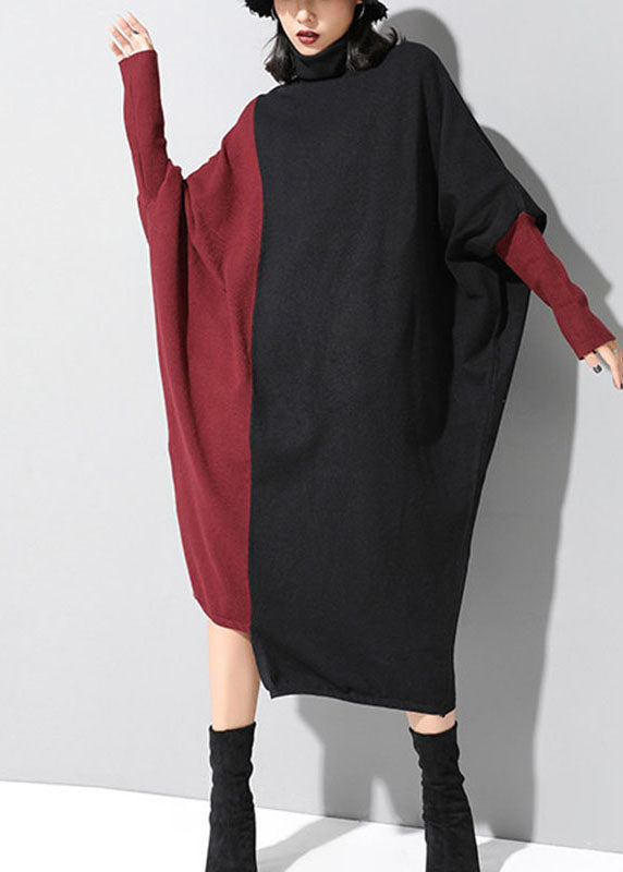 フィット感ブラック×レッド パッチワーク アシンメトリーデザイン 秋冬ニットワンピース