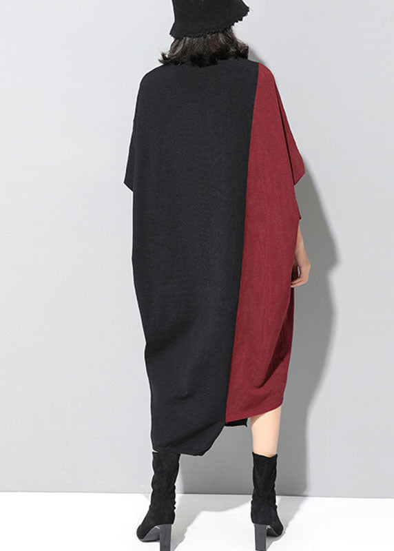 フィット感ブラック×レッド パッチワーク アシンメトリーデザイン 秋冬ニットワンピース