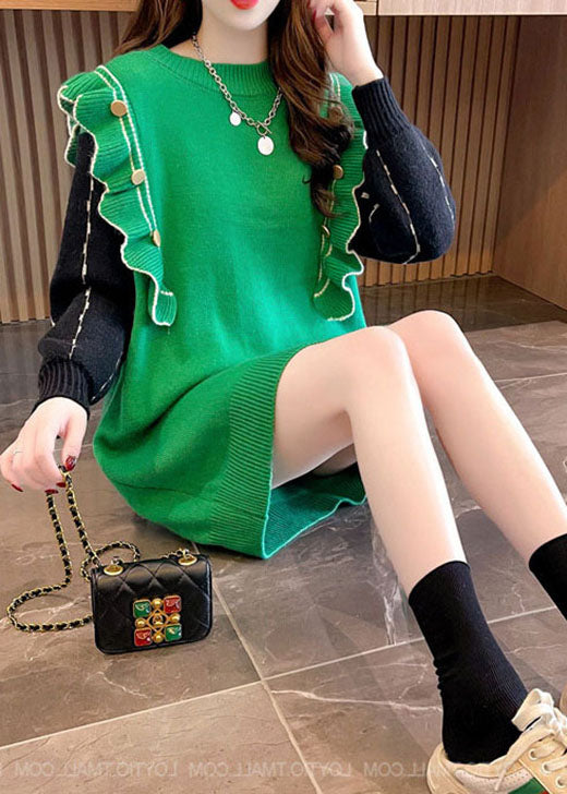 フィットグリーン ラッフルプリント カシミヤ ロングニットドレス（冬用）