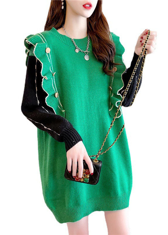 フィットグリーン ラッフルプリント カシミヤ ロングニットドレス（冬用）