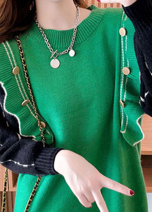 フィットグリーン ラッフルプリント カシミヤ ロングニットドレス（冬用）