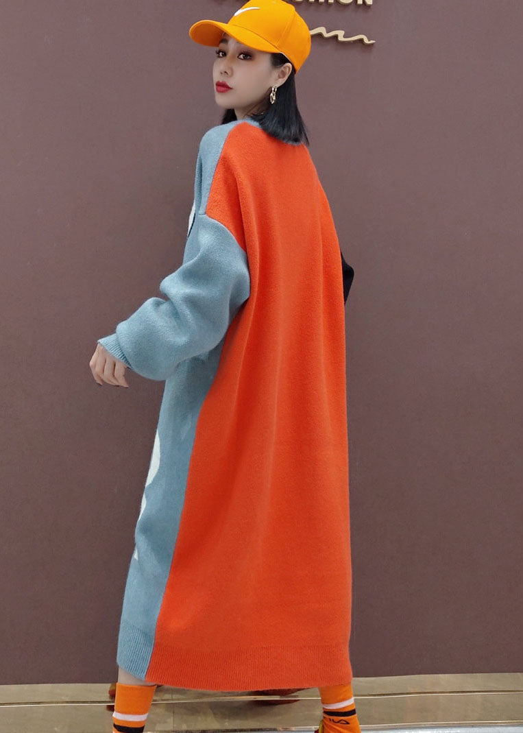 グレー パッチワーク グラフィック ニット ロングセーター（春用）