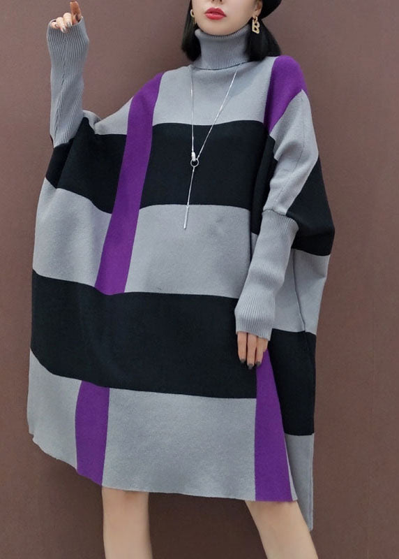 ルーズ グレー×ブラック ボーダー柄 長袖ニットドレス