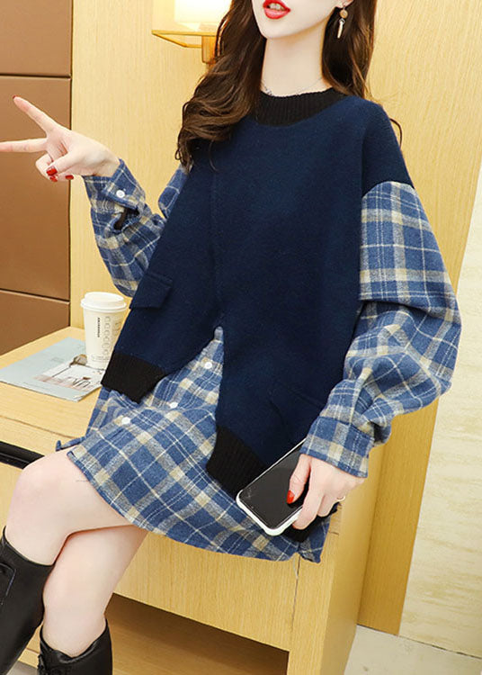 ナチュラルネイビー チェックパッチワーク 秋向けニットセーター