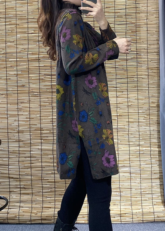 プラスサイズ コーヒータートルネック×サイドスリット 花柄ニットセーター（秋向け）