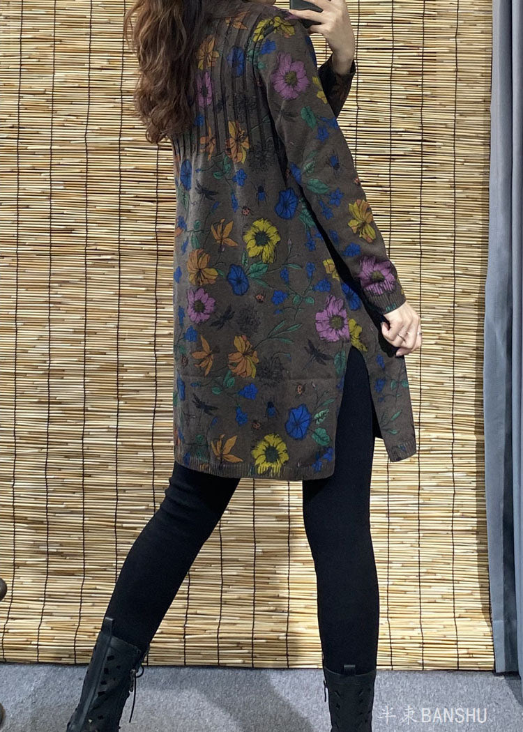 プラスサイズ コーヒータートルネック×サイドスリット 花柄ニットセーター（秋向け）