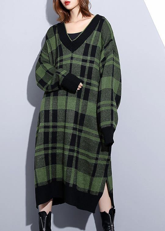 レディース グリーンチェック 綿混ロングシャツワンピース – サイドオープン Vネックデイリードレス