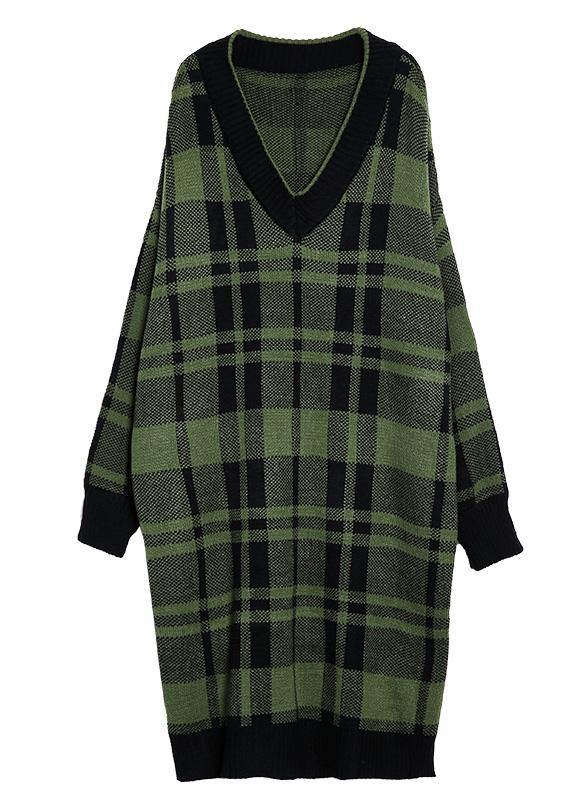 レディース グリーンチェック 綿混ロングシャツワンピース – サイドオープン Vネックデイリードレス