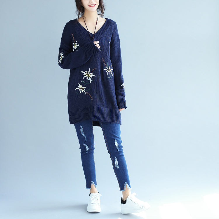 秋ファッション ブルー刺繍入り セーターワンピース