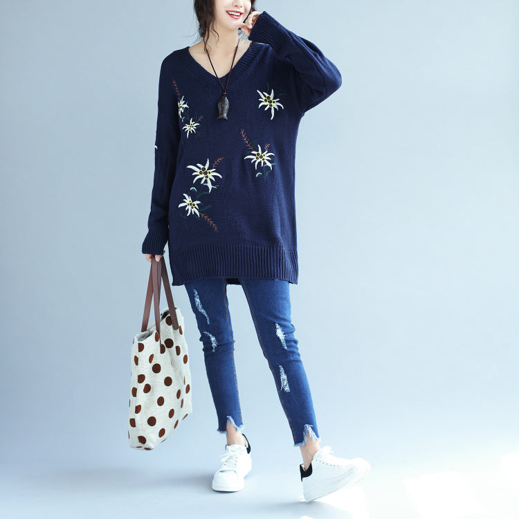 秋ファッション ブルー刺繍入り セーターワンピース