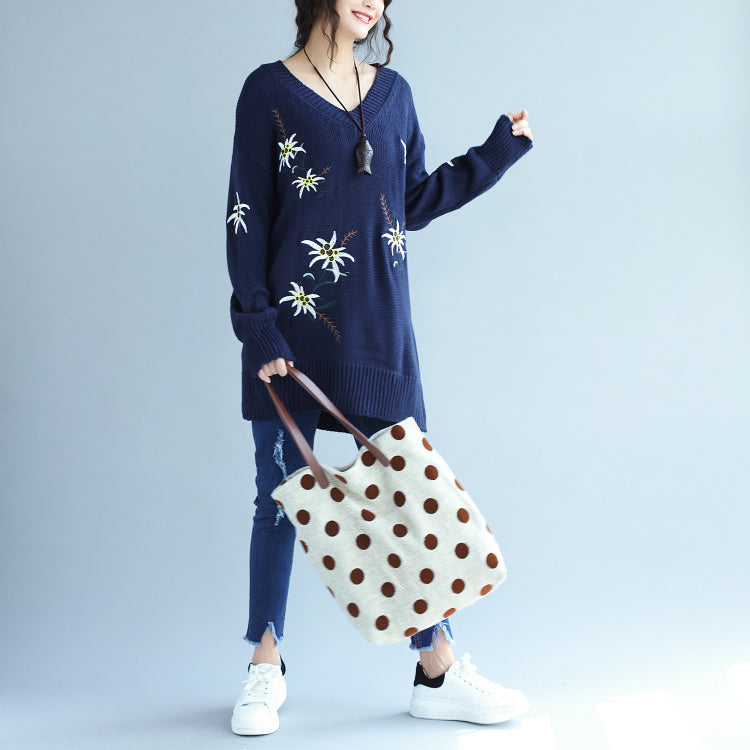 秋ファッション ブルー刺繍入り セーターワンピース