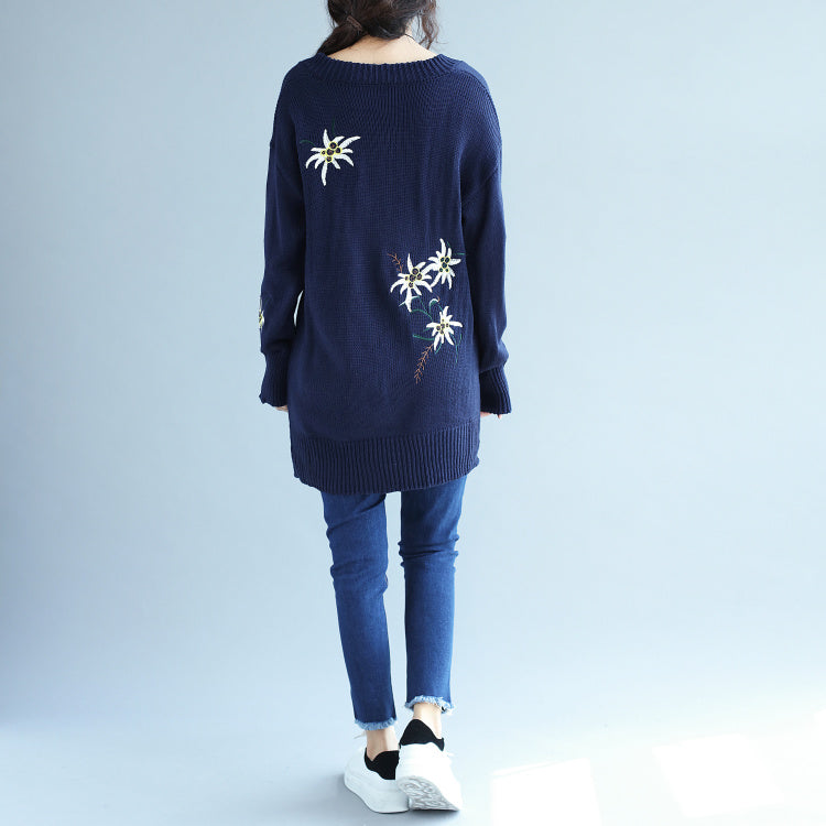 秋ファッション ブルー刺繍入り セーターワンピース