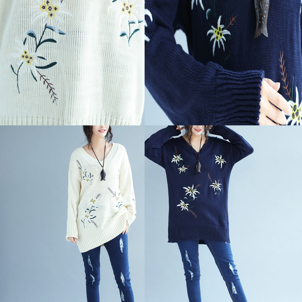 秋ファッション ブルー刺繍入り セーターワンピース